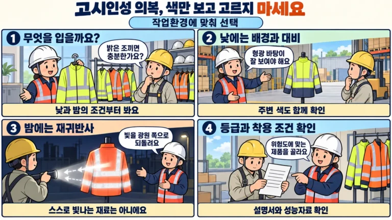 고시인성 의복의 낮과 밤 기능을 구분하고 작업환경에 맞게 선택하는 4컷 만화