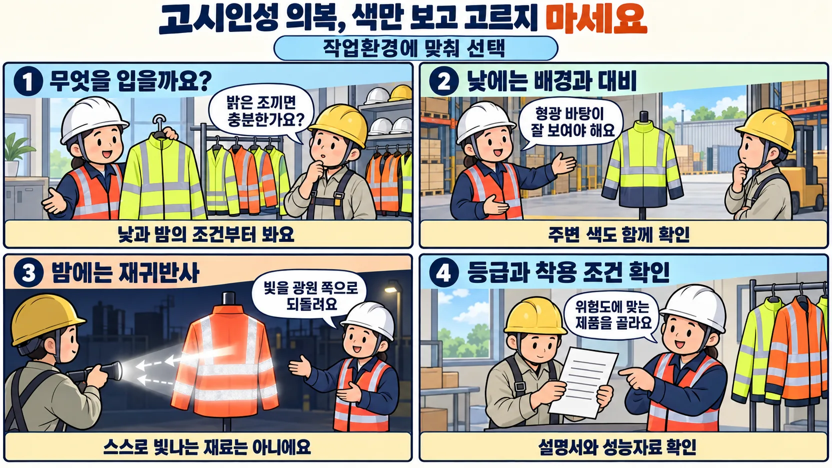 고시인성 의복의 낮과 밤 기능을 구분하고 작업환경에 맞게 선택하는 4컷 만화