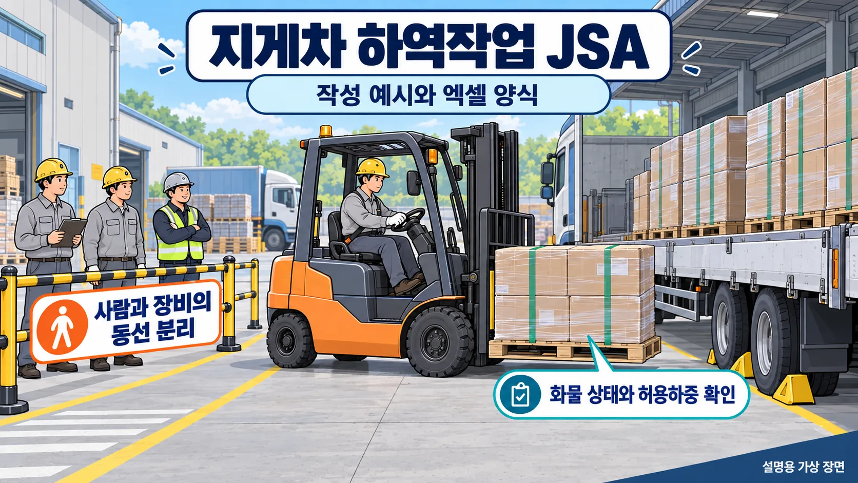 지게차 하역작업 JSA 작성 예시와 엑셀 양식: 보행 동선 분리와 화물 조건 확인을 그린 친근한 카툰