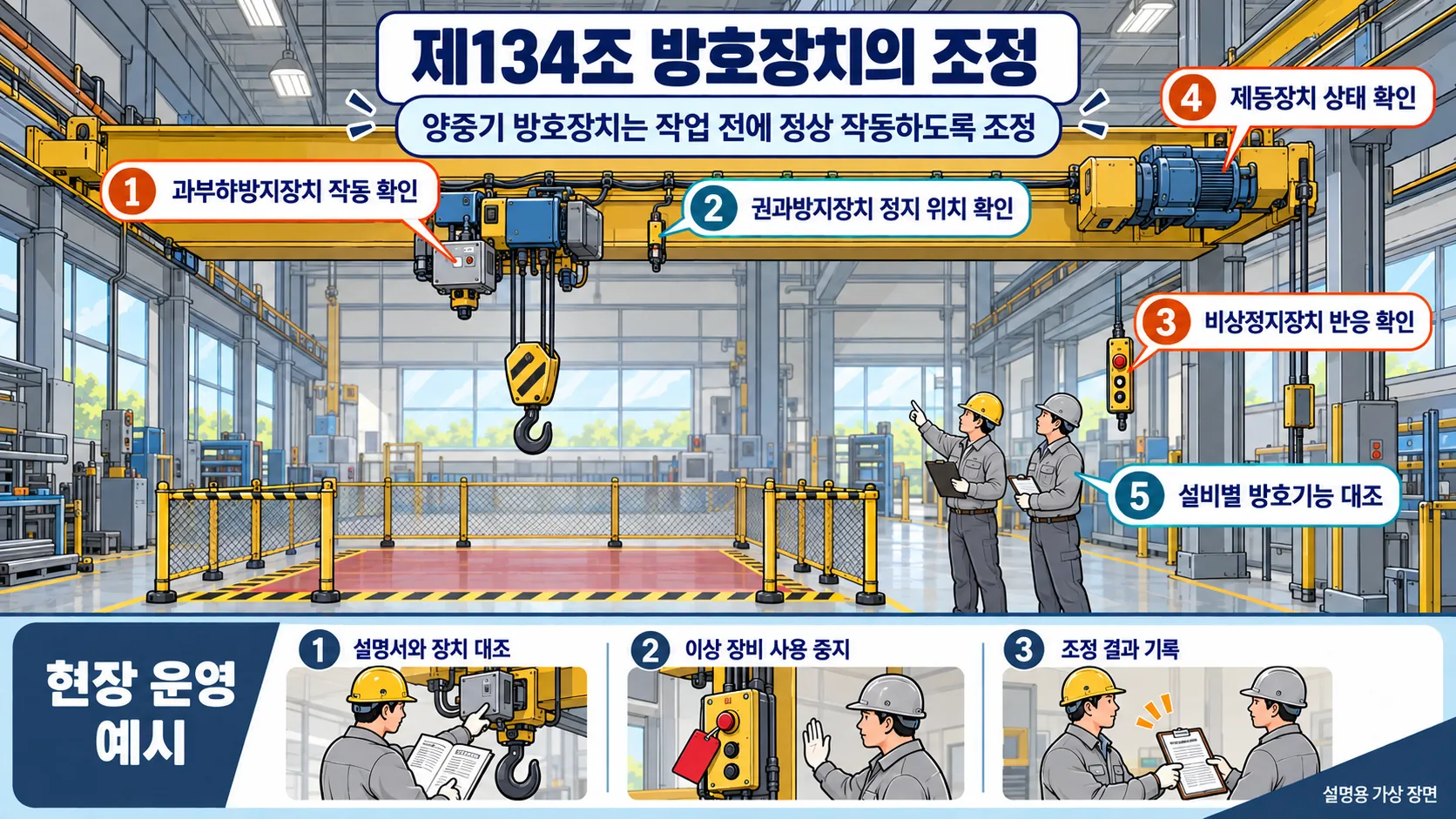 제134조(방호장치의 조정): 양중기의 방호장치는 설치 여부와 함께 작업 전 정상 작동 상태를 확인합니다.
