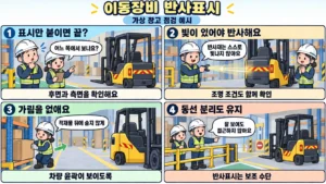 이동장비 반사표시의 광원과 가림을 확인하고 보행 동선 분리를 유지하는 4컷 설명