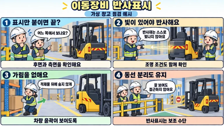 이동장비 반사표시의 광원과 가림을 확인하고 보행 동선 분리를 유지하는 4컷 설명