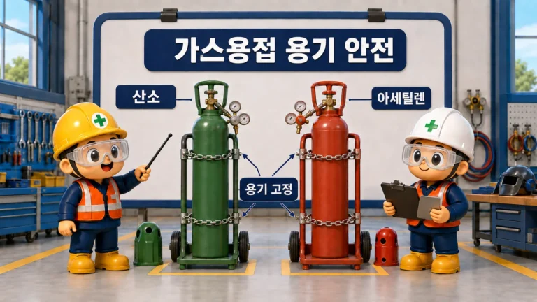 가스용접 용기 안전을 위해 산소와 아세틸렌 용기를 분리하고 두 지점에 고정한 준비 장소