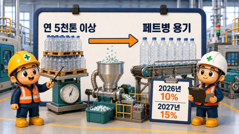 플라스틱 재생원료 사용의무 대상인 연 5천톤 이상 페트병 생산자와 2026년 10%, 2027년 15%안