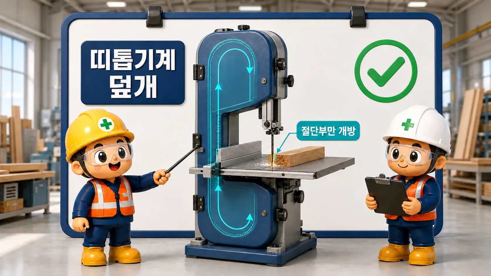 띠톱기계 덮개가 상·하부 휠과 절단에 쓰지 않는 톱날을 가리고 짧은 작업부만 여는 제107조 장면