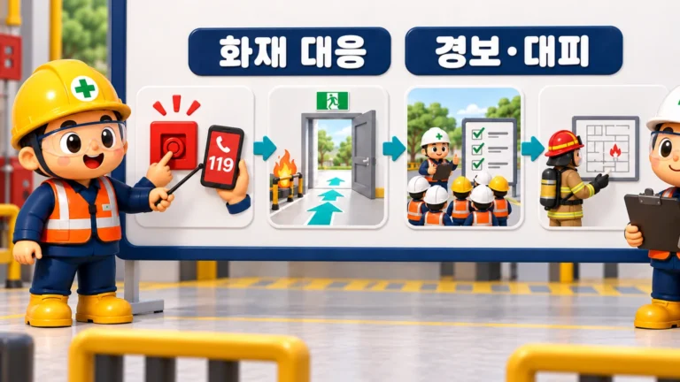 물류창고 화재 비상대응 절차에 따라 경보, 대피, 인원 확인과 소방대 정보 인계를 준비하는 교육 장면