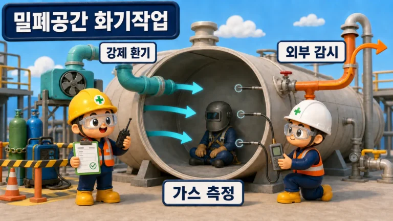 밀폐공간 화기작업 전에 가스 측정, 강제환기와 외부 감시를 준비하는 탱크 정비 장면