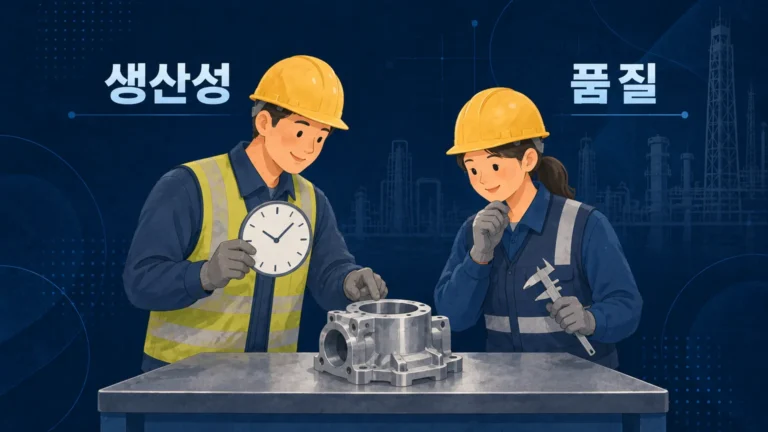 생산성과 품질 담당자가 같은 제품을 수량과 적합성의 관점에서 함께 살피는 장면