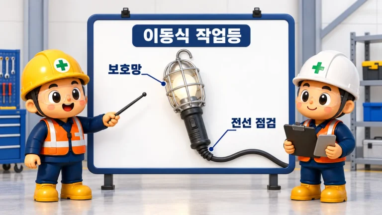 이동식 작업등 보호망과 연결전선의 상태를 살피는 안전관리자