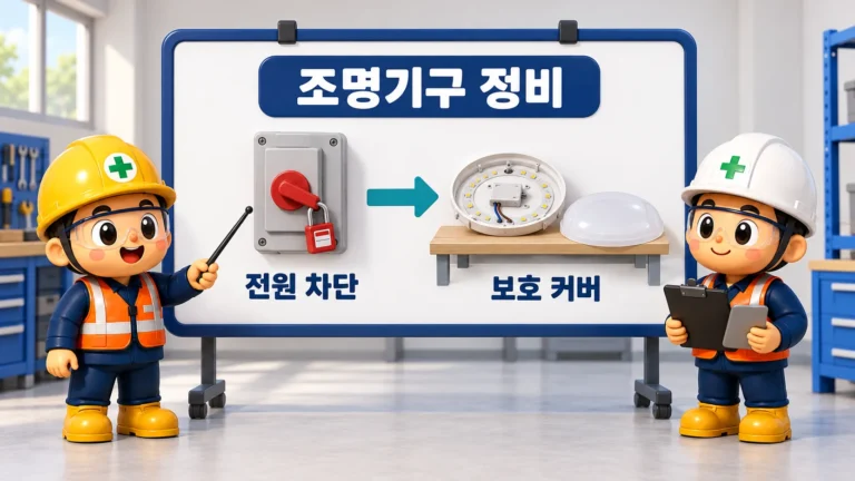 조명기구 정비 전 전원 차단과 보호 커버 확인을 설명하는 클레이 교육 장면