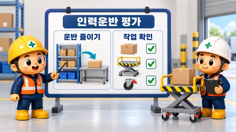 인력운반 위험성평가에서 운반 줄이기와 작업 확인을 설명하는 안전관리자