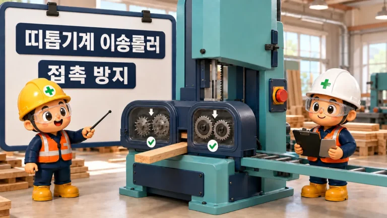 띠톱기계 이송롤러의 스파이크·요철 위험점을 덮개로 막고 급정지장치를 안전한 위치에서 확인하는 장면