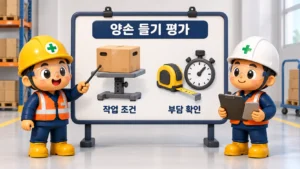 양손 들기작업 평가에서 작업 조건과 부담을 확인하는 클레이 교육 장면