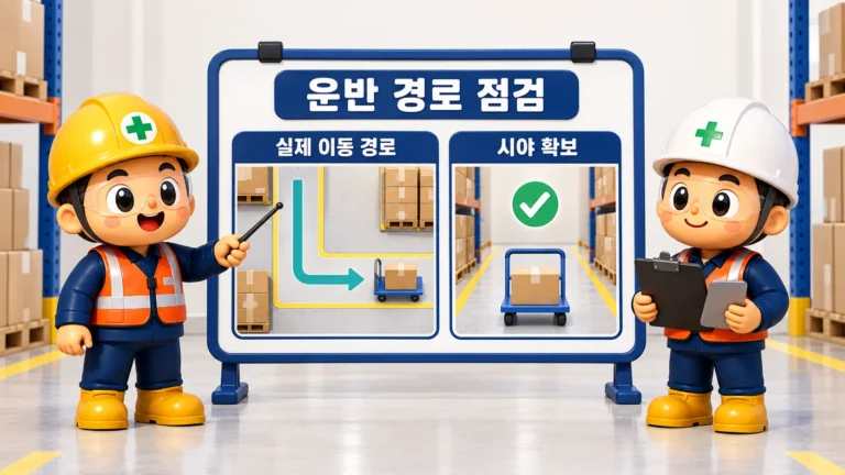 밀기·당기기 작업 전 실제 운반 경로와 시야를 확인하는 안전관리자