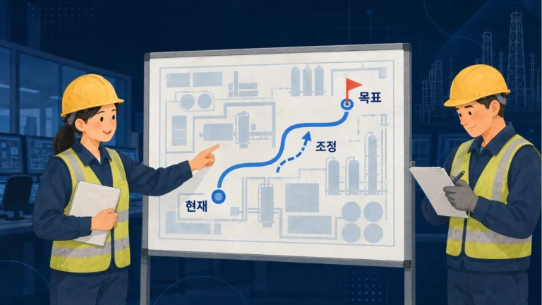 현장 변화관리에서 현재 작업 상태와 목표를 비교하며 계획을 조정하는 관리자