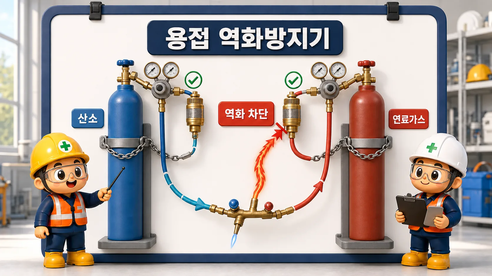 용접 역화방지기가 산소와 연료가스 계통의 화염역류를 차단하는 장비 구성
