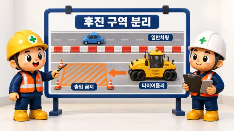 아산 도로포장 부딪힘 사망사고 예방을 위한 타이어롤러 후진구역과 일반차량 동선 분리 교육 그림