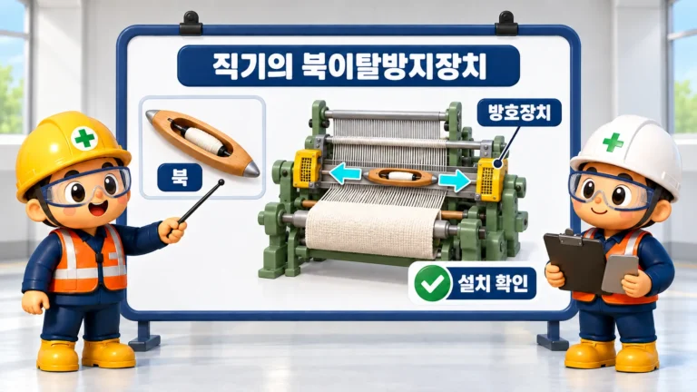 제124조(직기의 북이탈방지장치): 북이 부착된 직기는 북이탈방지장치를 설치하고 방호 기능을 유지해야 합니다.