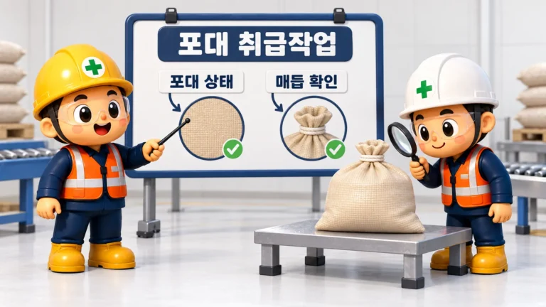 포대 취급작업 전 포대 표면과 매듭을 확인하는 안전관리자