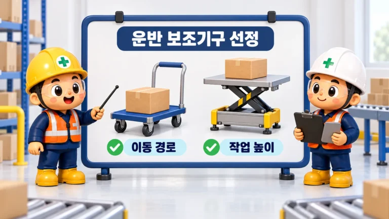 운반 보조기구 선정 시 이동 경로와 작업 높이를 함께 검토하는 안전관리자
