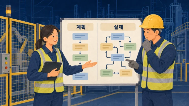 변화관리의 통념을 점검하며 계획과 실제 작업의 연결을 비교하는 현장 관리자