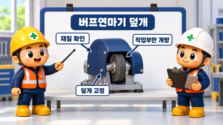 제126조(버프연마기의 덮개): 버프연마기 재질을 확인하고 연마에 필요한 부위 외에는 덮개를 설치합니다.