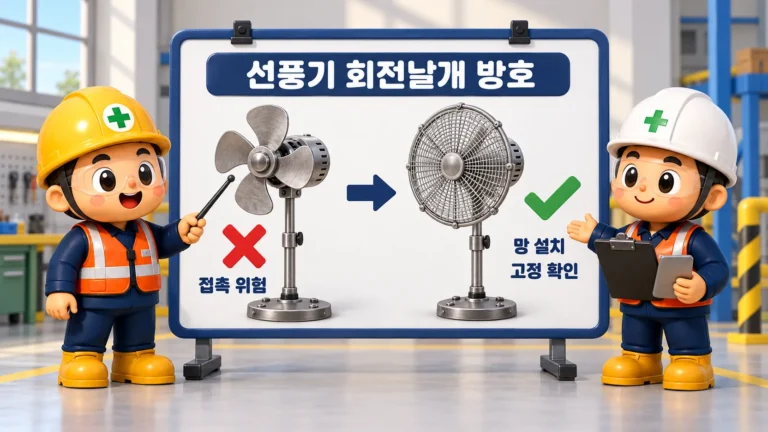 제127조(선풍기 등에 의한 위험의 방지): 회전날개에 접근할 위험이 있는 부위는 망 또는 울 등으로 방호합니다.