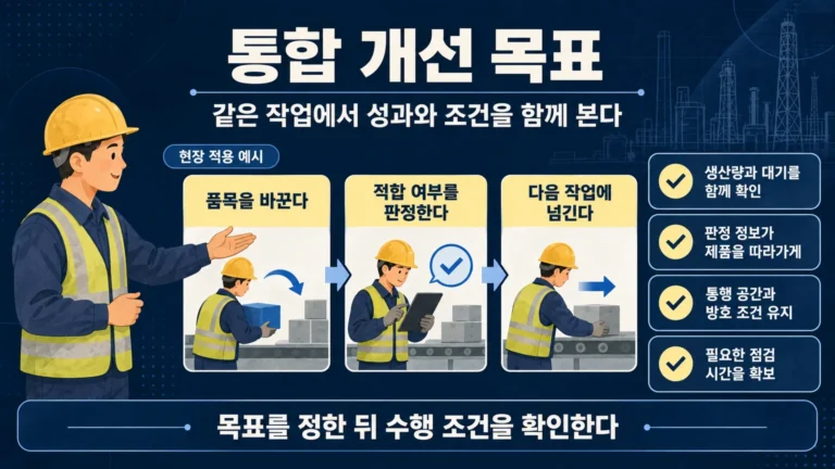 통합 개선 목표를 품목 전환과 판정 및 다음 작업의 인수 조건에 연결한 현장 적용 예시