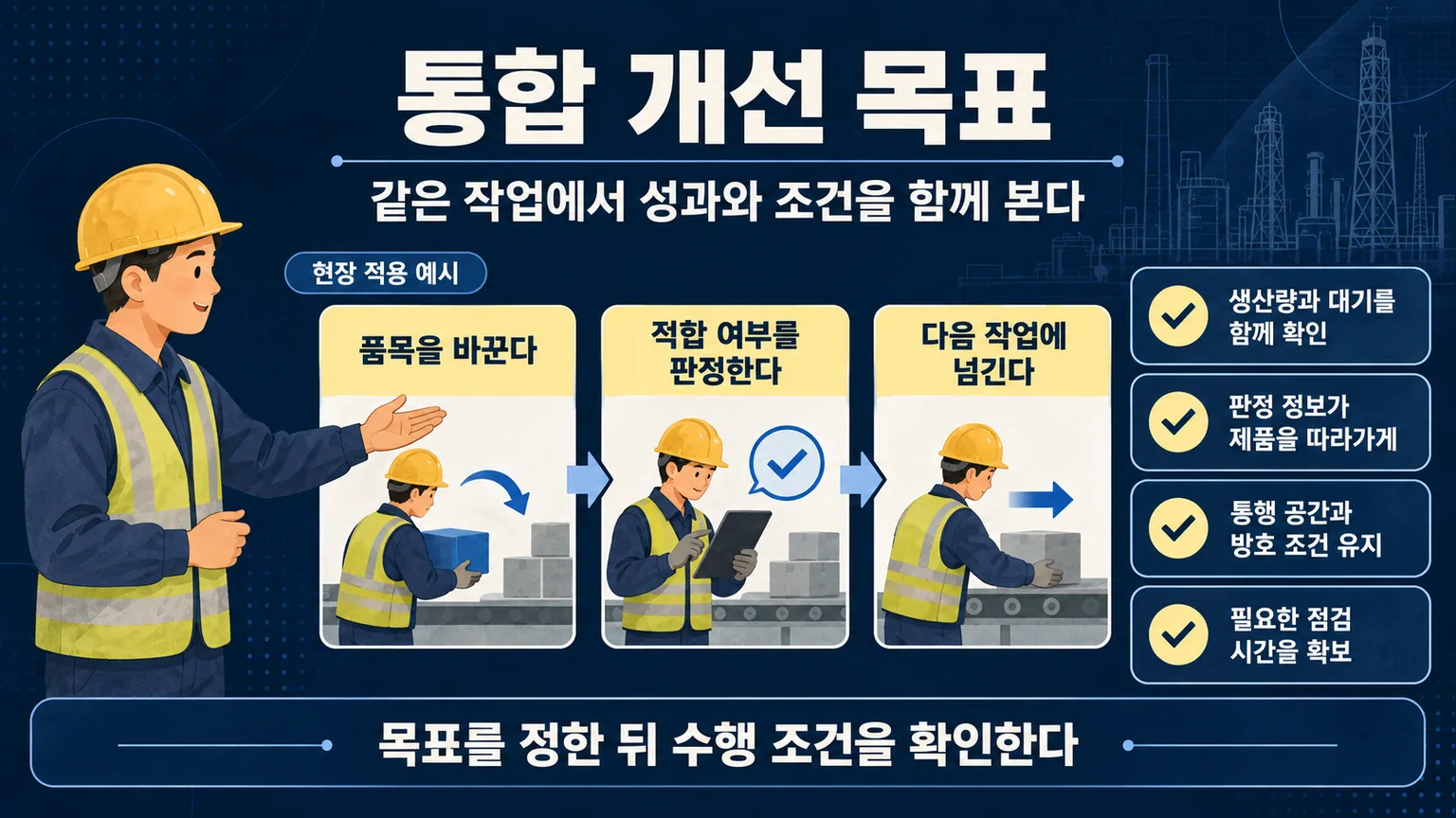 통합 개선 목표를 품목 전환과 판정 및 다음 작업의 인수 조건에 연결한 현장 적용 예시