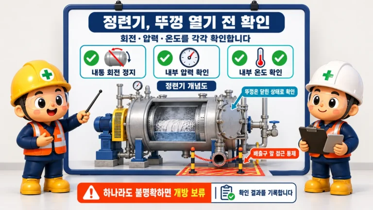 제129조(정련기에 의한 위험 방지): 정련기 뚜껑을 열기 전에 내통 회전 정지와 내부 압력·온도의 안전을 각각 확인합니다.