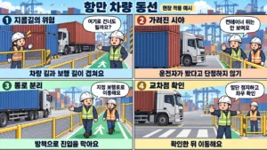 항만 차량 동선에서 보행로 분리와 교차점 정지 확인을 설명하는 4컷 만화