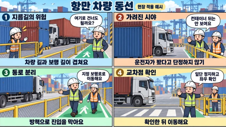 항만 차량 동선에서 보행로 분리와 교차점 정지 확인을 설명하는 4컷 만화