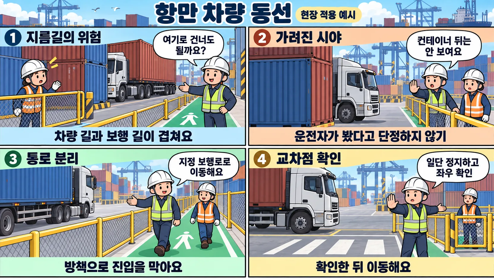 항만 차량 동선에서 보행로 분리와 교차점 정지 확인을 설명하는 4컷 만화