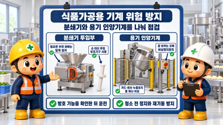 제130조(식품가공용 기계에 의한 위험 방지): 분쇄기 덮개·보조기구와 용기 인양부의 비상정지·방호 조치를 구분합니다.