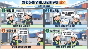 위험화물 인계 전 화물번호와 서류, 취급방법, 인수자와 직반출 차량을 확인하는 4컷 만화