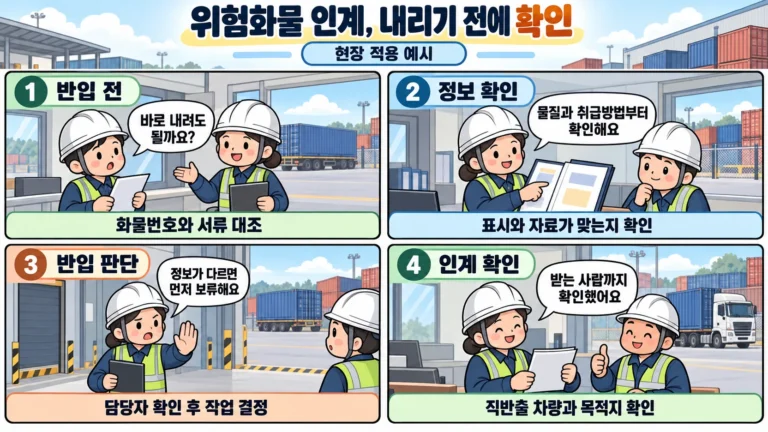 위험화물 인계 전 화물번호와 서류, 취급방법, 인수자와 직반출 차량을 확인하는 4컷 만화