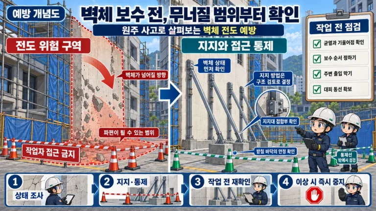 원주 벽체 보수 무너짐 사망사고 예방을 위한 벽체 지지와 위험구역 통제 교육 그림