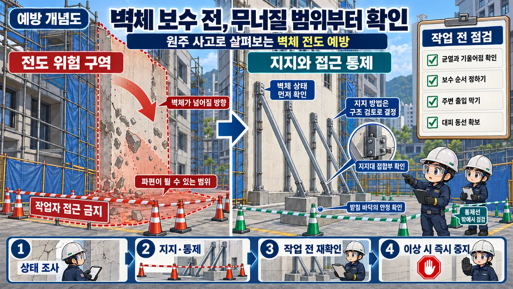 원주 벽체 보수 무너짐 사망사고 예방을 위한 벽체 지지와 위험구역 통제 교육 그림