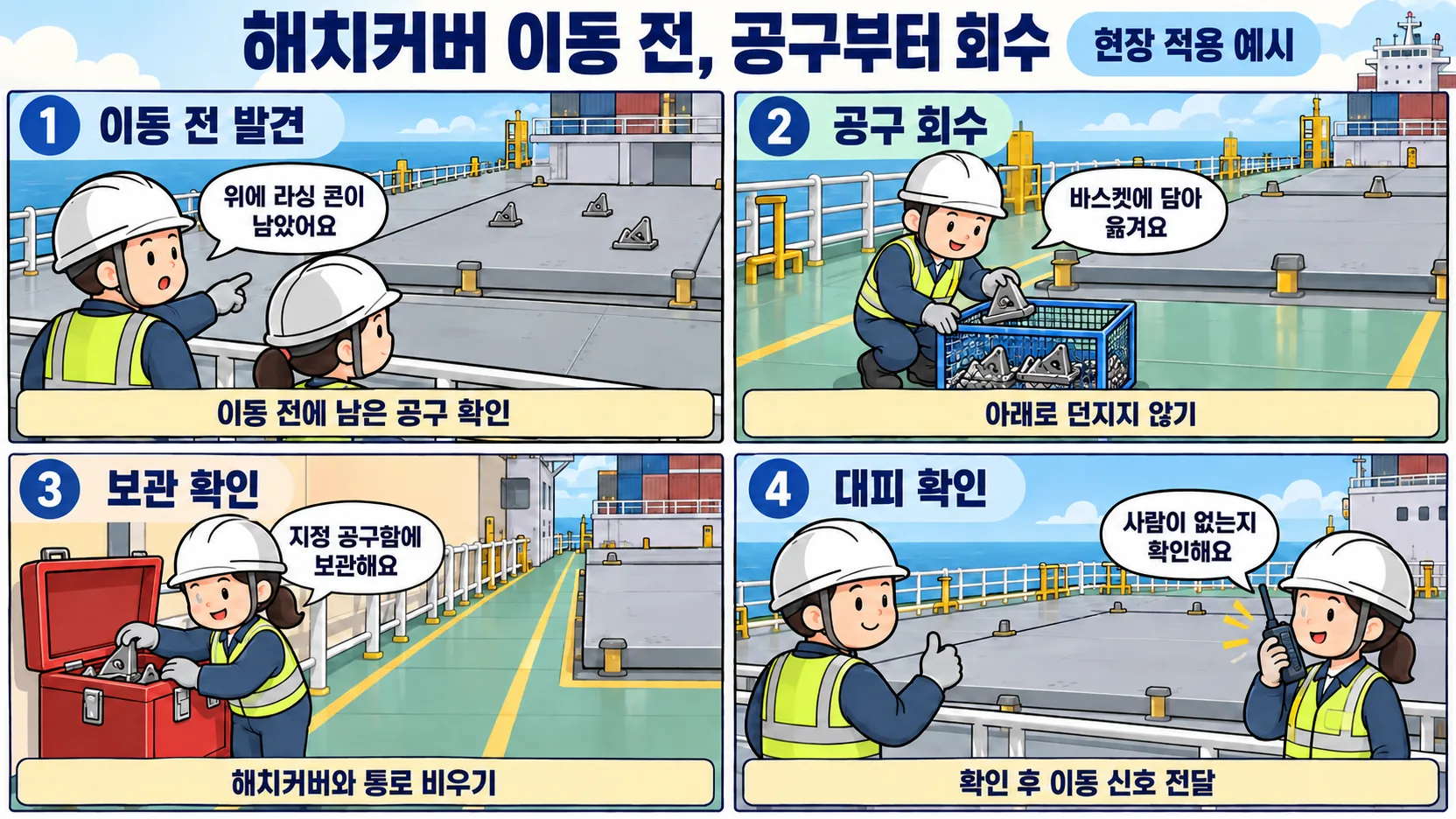 해치커버 이동 전에 라싱 콘을 바스켓으로 회수하고 공구 보관과 대피를 확인하는 네 컷 만화