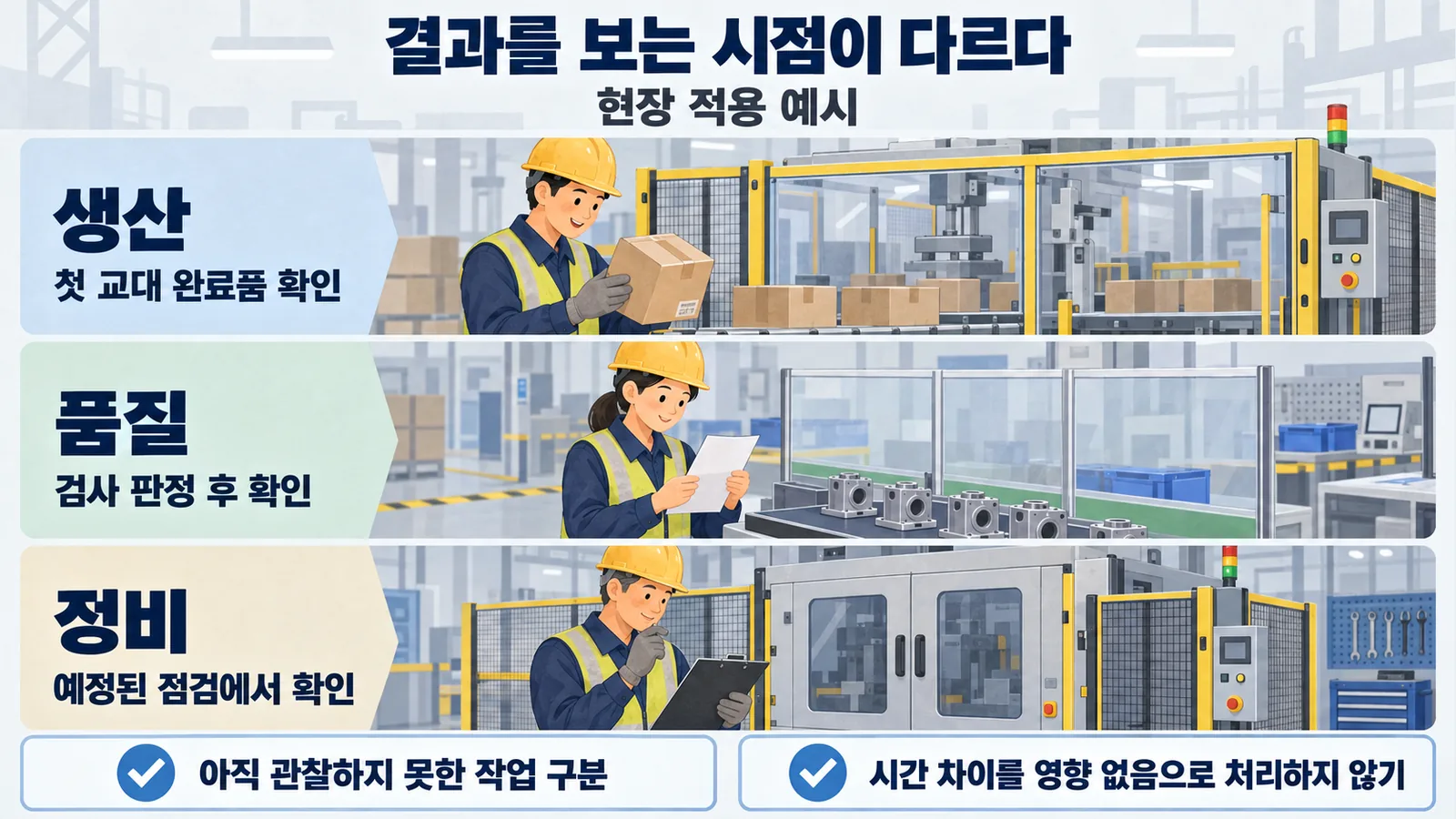 생산 집계와 검사 판정, 정비 확인의 시점이 다른 현장 적용 예시