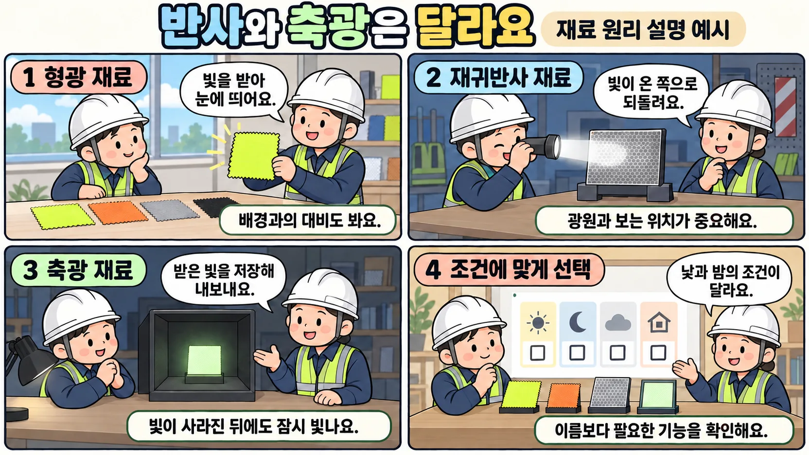 형광 재귀반사 축광 재료의 기능과 사용 조건을 설명하는 4컷 만화