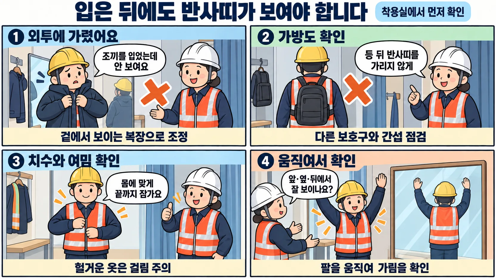 외투와 가방의 가림을 없애고 고시인성 의복의 치수와 여밈을 확인하는 4컷 만화