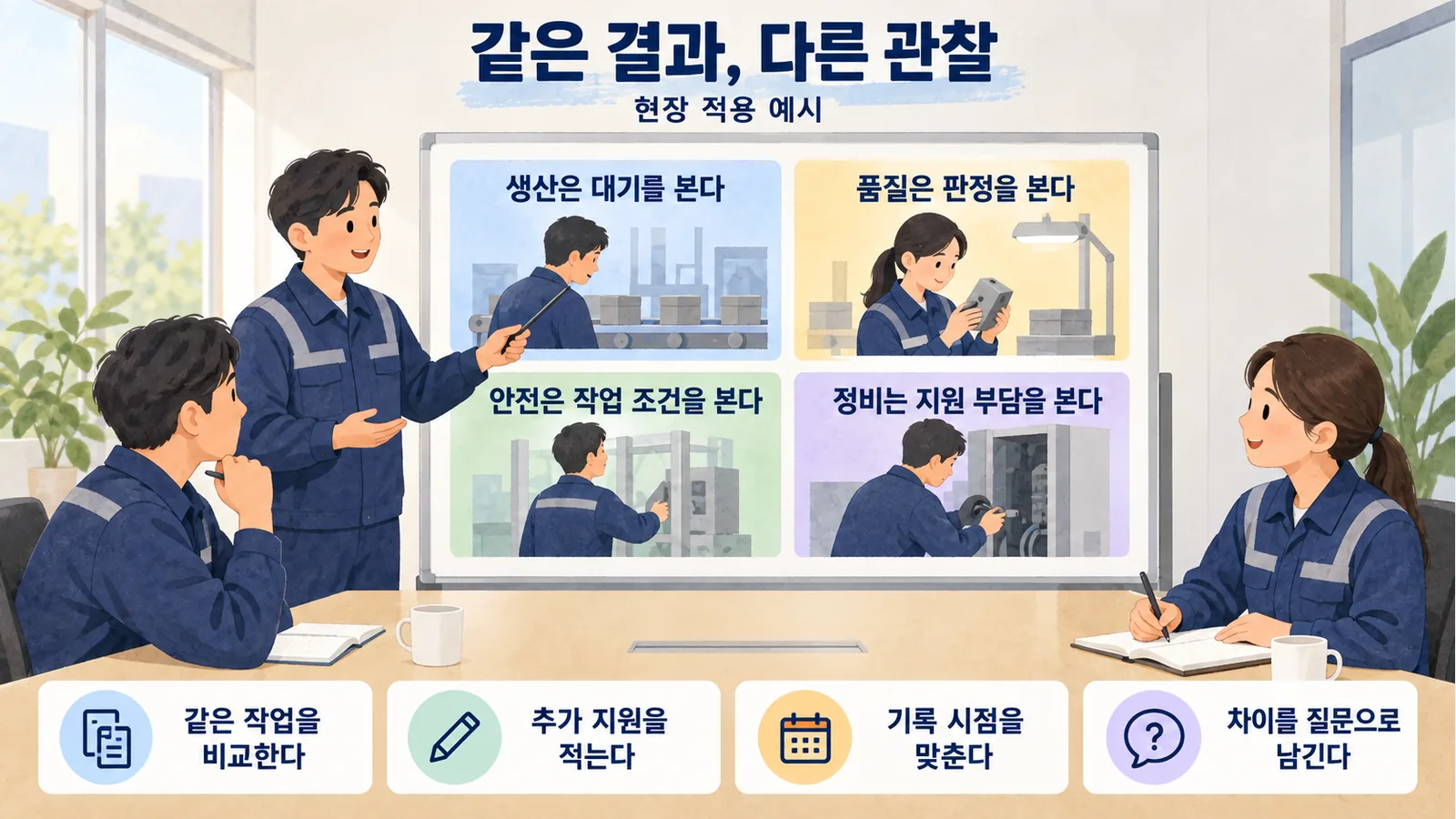 같은 포장 작업을 생산 대기 품질 판정 안전 조건 정비 지원으로 나누어 관찰하는 예시