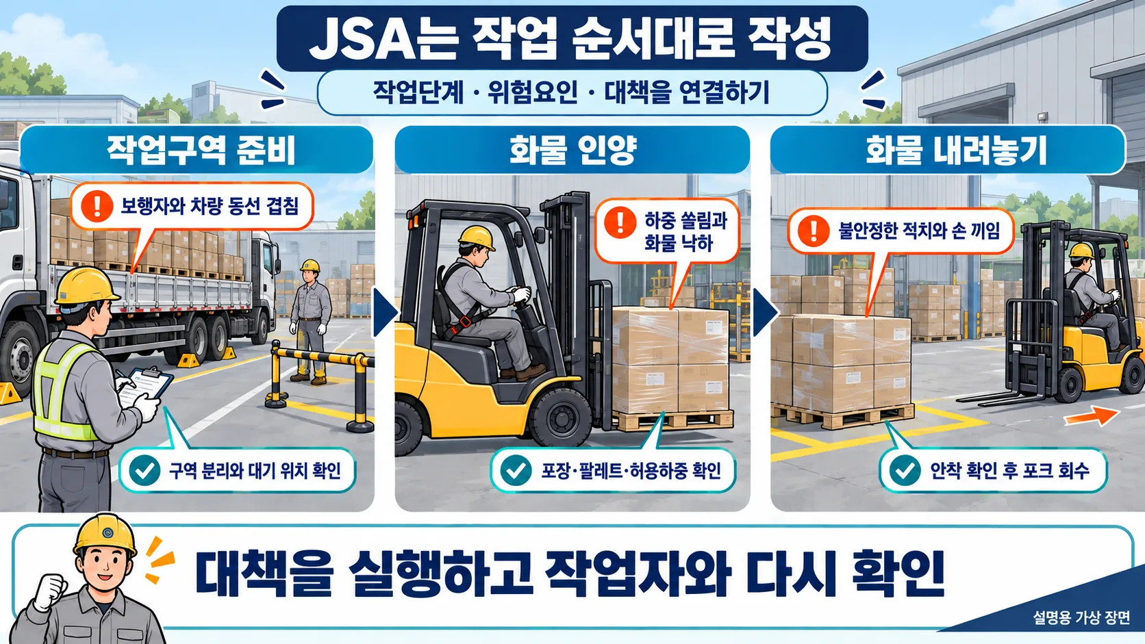 작업구역 준비, 화물 인양, 화물 내려놓기를 작업단계·위험요인·대책으로 연결한 카툰