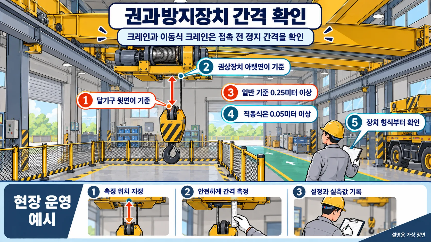크레인 권과방지 간격은 달기구 윗면 또는 그 권상용 도르래 윗면과 권상장치 아랫면 사이에서 확인합니다. 그림은 측정 위치를 설명하는 개념도입니다.
