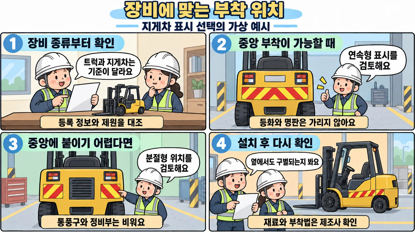 지게차 연속형과 분절형 반사표시를 장비 구조에 맞춰 선택하는 4컷 설명
