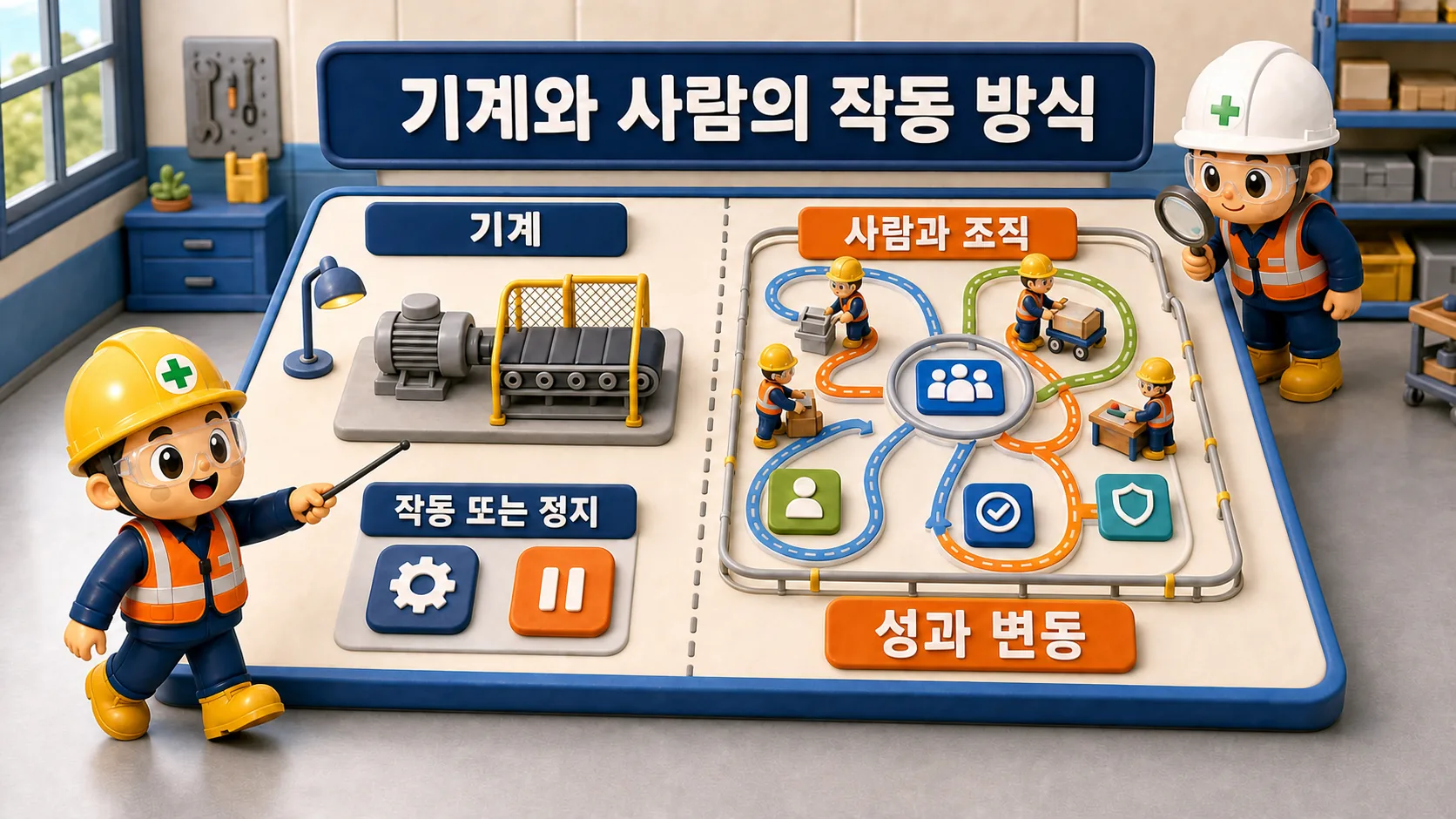 기계의 작동 또는 정지와 사람과 조직의 다양한 성과 변동을 비교한 교육 장면
