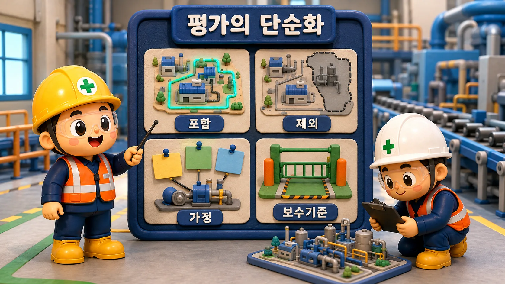 위험성평가에서 포함 제외 가정과 보수기준으로 현실을 단순화하는 장면