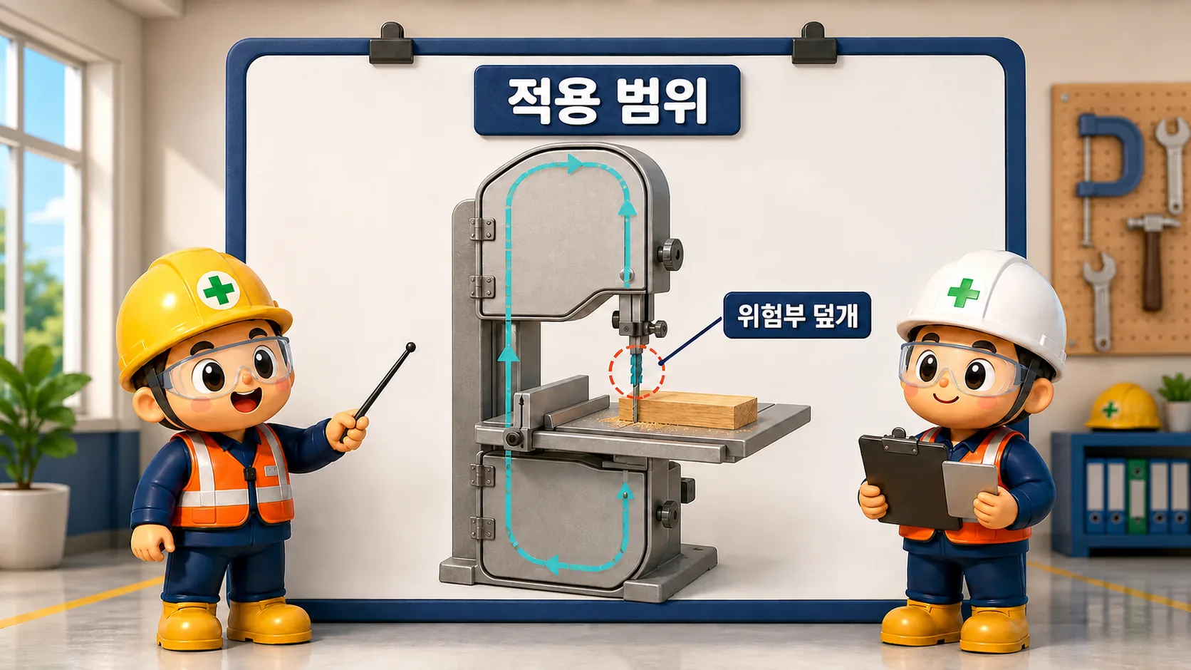 띠톱기계의 전체 톱날 경로 가운데 위험부는 덮개로 가리고 절단에 필요한 짧은 부위만 여는 적용 범위 장면