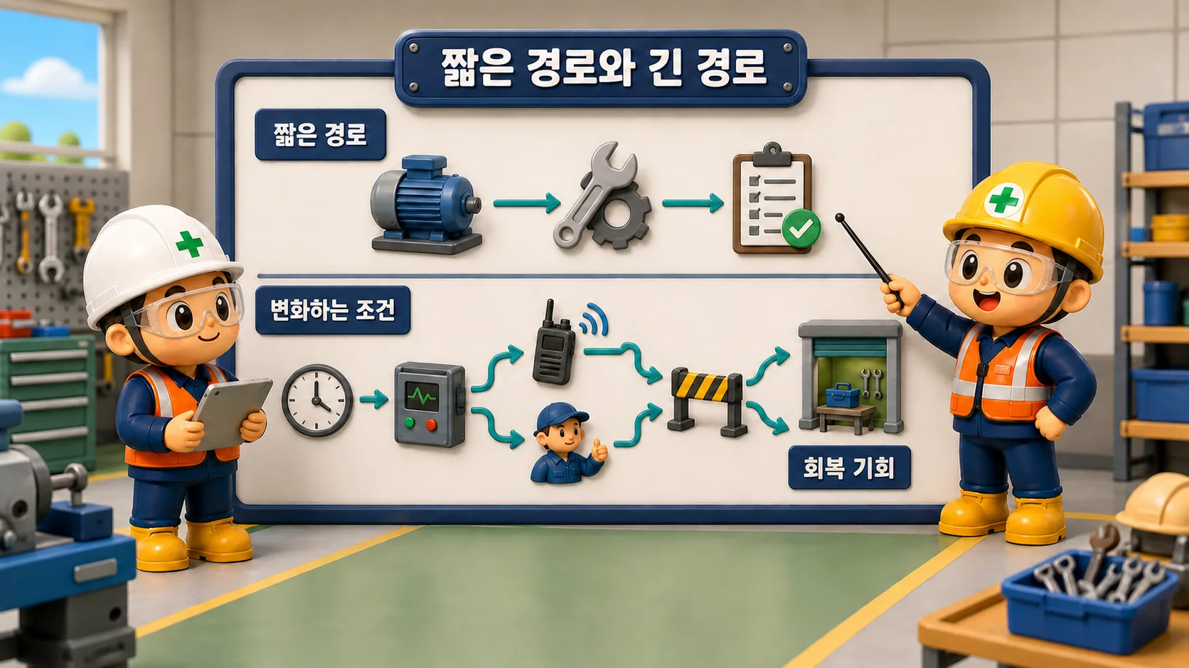짧은 인과사슬과 변화가 많은 긴 작업 경로를 비교하는 근본원인 분석 한계 교육 장면